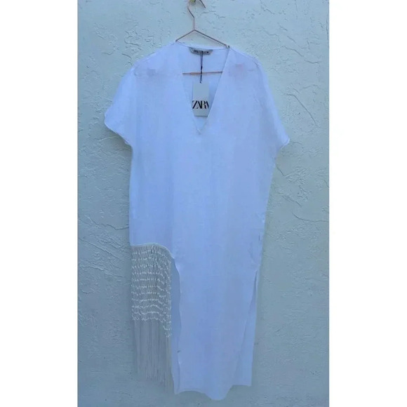 Zara Womens Bloggers Fave Linen Macrame Fringed Midi Dress White Size Medium - Picture 10 of 16